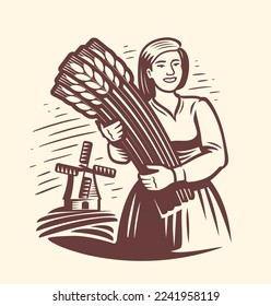 Girl or young woman farmer, wheat field, mill emblem. Agriculture, windmill logo. Healthy organic natural farm food