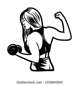 Girl young woman holding barbellin hands. Fitness, gym, bodybuilding vector illustration for poster business logo