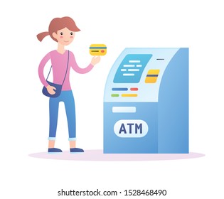 Girl or young woman holding a credit card and ATM bank machine isolated vector illustration, wages funds payment or withdrawal.