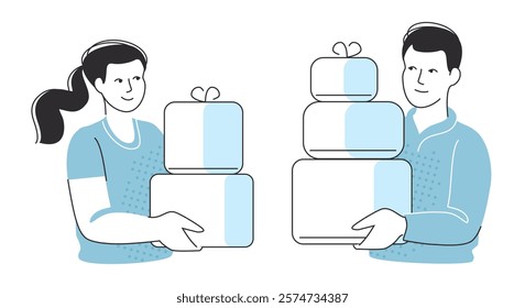 Girl or young woman holds pile of purchases bought on sale. Happy man with gifts in his hands