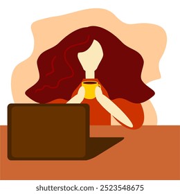 Girl young woman illustration vector with a cup of coffe at the computer	
