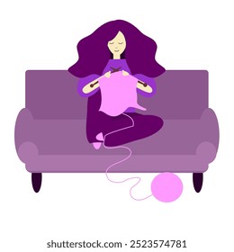 A girl or young woman is knitting sitting on the sofa	
