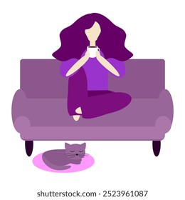 A girl or young woman is knitting sitting on the sofa and nice cat	
