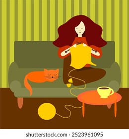 A girl or young woman is knitting sitting on the sofa and nice cat	