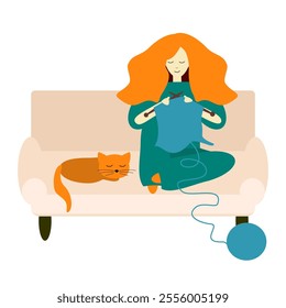 A girl or young woman is knitting sitting on the sofa and nice cat	
