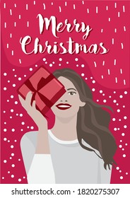 Girl, young woman with a present. New year, Christmas present. Vector flat illustration, christmas greeting card.