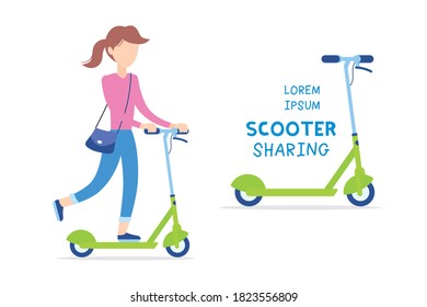 Girl or young woman riding green city electric kick scooter isolated, scooter sharing system flat vector illustration.
