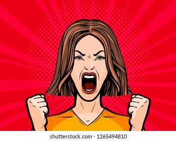 Girl or young woman screaming out loud. Pop art retro comic style. Cartoon vector illustration