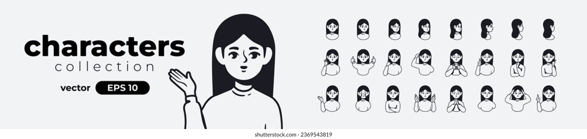 Girl, young woman set. Casual wear. Different emotions and gestures. Cartoon people in different poses and actions. Cute female character. Simple design. Flat style vector illustration.