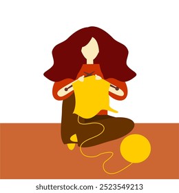 A girl young woman sitting and knitting on the floor vector illustration 