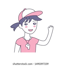 Girl or young woman sport fitness coach wearing baseball cap and pink t-shirt with whistle isolated cartoon vector illustration