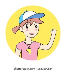 Girl or young woman sport fitness coach wearing baseball cap with whistle waving hello cartoon line illustration vector
