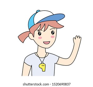 Girl or young woman sport fitness coach wearing baseball cap with whistle waving hello isolated cartoon line vector illustration