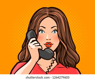 Girl or young woman talking on the phone. Telephone conversation. Pop art retro comic style