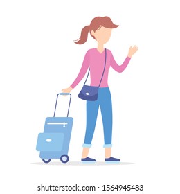 Girl or young woman tourist traveler carry travel stroller suitcase and bag isolated vector illustration flat design