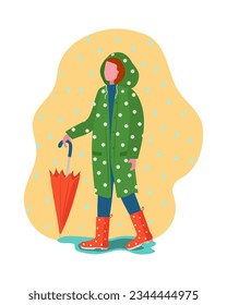 A girl, a young woman in a waterproof raincoat umbrella, umbrella closed. Walk in the park,  city. Raindrops, inclement weather, water. Raincoat with a hood. Vector illustration, background isolated.