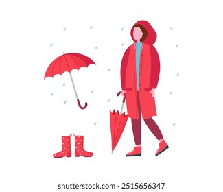 Chica, mujer joven en el paraguas impermeable del impermeable, paraguas cerrado. Camina por el parque, la ciudad. Gotas de lluvia, Clima inclemente, agua. Chubasquero con capucha. Ilustración vectorial, fondo aislado.