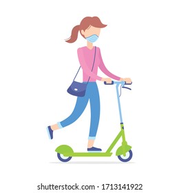 Girl or young woman wearing protective face medical mask riding green electric kick scooter isolated flat vector, coronavirus pandemic COVID-19 quarantine prevention illustration.