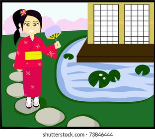girl with yukata stand in front of japanese house