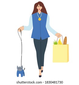 Girl zero waste bag, great design for any purposes. Flat concept. Healthy lifestyle. Vector flat illustration. Isolated vector illustration. Food bag zero waste.Fashionable girl with dog and shopping