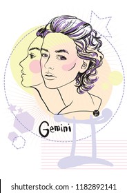 Girl, zodiac sign Gemini abstraction, sketch and graphics, mixed media