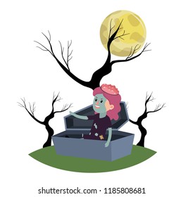girl with zombie costume sleeping in the stone coffin