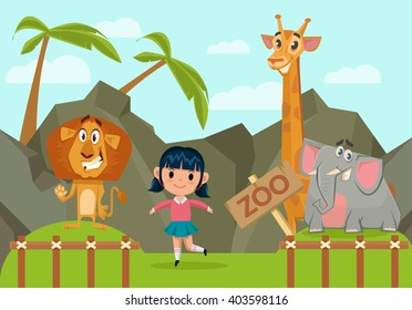 Girl In Zoo. Vector Flat Cartoon Illustration