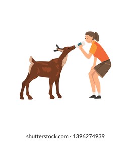 Girl Zoo Worker Feeding Baby Deer with Bottle of Milk, Professional Zookeeper Character Caring of Animal Vector Illustration