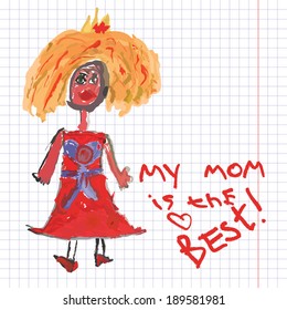 The girl,a woman,a Princess in a red dress and blond hair paintings in the style of children's hand drawing . Fun Doodle. At a notebook sheet. Greeting card , a sketch. Mother's day