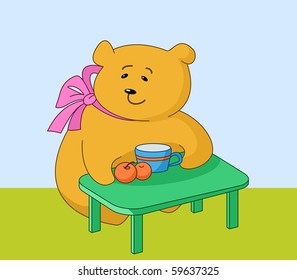 The girl-bear sits at a table, eats peaches and drinks juice from a mug