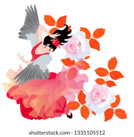 Girl-bird dancing flamenco in the garden among beautiful roses.