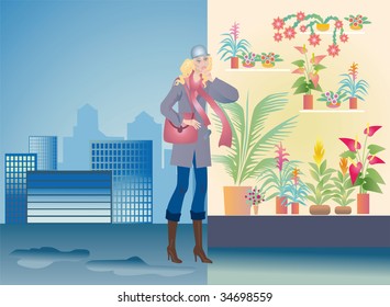 A girl-buyer chooses a floral flowerpot near a window