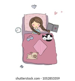 Girl,cats and dog sleep in bed. Good night. Sweet dreams. Vector illustration. bed time. Isolated objects on white background. Illustration for sleepwear.
	
