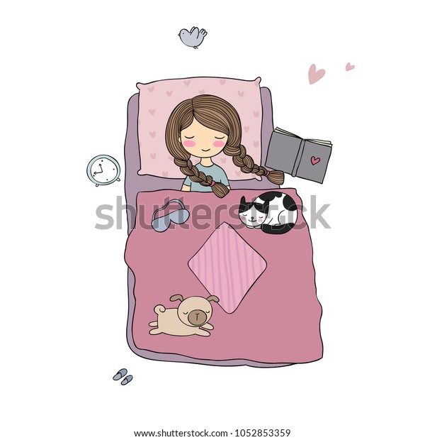 Girlcats Dog Sleep Bed Good Night Stock Vector Royalty Free