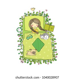 Girl,cats and dog sleep in bed.Good night. Sweet dreams. Vector illustration. bed time. Isolated objects on white background. 