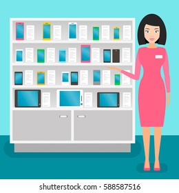 girl-consultant in the shop of mobile phones, vector illustration. rack with cell phones.