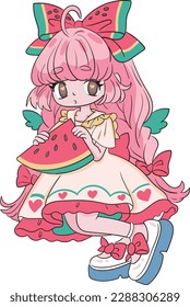 girl,cute girl, pink hair,watermelon,bow,gress,anime，red, green,big eye, character