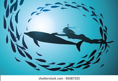The girl-diver floats by means of a dolphin through a jamb of fishes