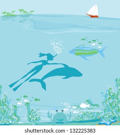 The girl-diver floats together with a dolphin