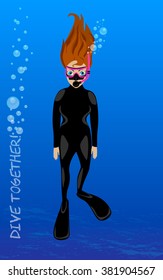 The girl-diver under water. Vector image