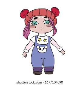 Girl-doll Lola in a jumpsuit. Vector design for banners and postcards.