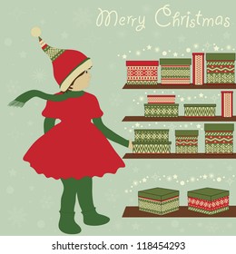 Girl-elf and boxes with gifts