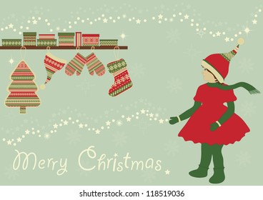 Girl-elf and boxes with gifts