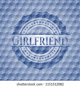 Girlfriend blue badge with geometric pattern.