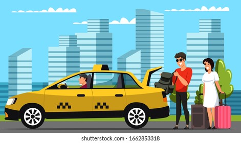 Girlfriend and boyfriend calling taxi to travel. Young man and woman couple putting luggage bags into car trunk. Driver sitting at steering wheel wait for passengers. Vector illustration