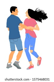 Girlfriend and boyfriend couple in love vector isolated on white.  Dancing couple. Smiling woman and man. Girl and boy laughing and playing on party. Happy people in romance. Summer time beach fun.