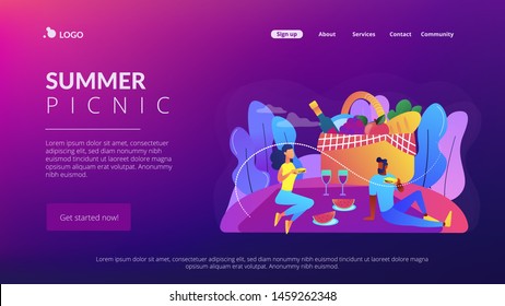 Girlfriend and boyfriend dating, couple in love eating lunch on nature. Summer picnic, park family time spending, cookout special supplies concept. Website homepage landing web page template.