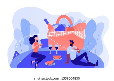 Girlfriend and boyfriend dating, couple in love eating lunch on nature. Summer picnic, park family time spending, cookout special supplies concept. Pinkish coral bluevector isolated illustration