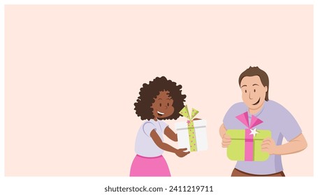 Girlfriend and boyfriend give gift boxes to each other. Simple stylish banner for Valentine’s Day or birthday celebration. Gift and presents. Vector banner illustration in cartoon style