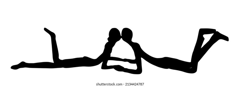 Girlfriend and boyfriend kissing on date vector silhouette illustration. Boy and girl holding hands. Togetherness, tenderness and closeness. Woman and man couple in love. Teenagers romance, puberty